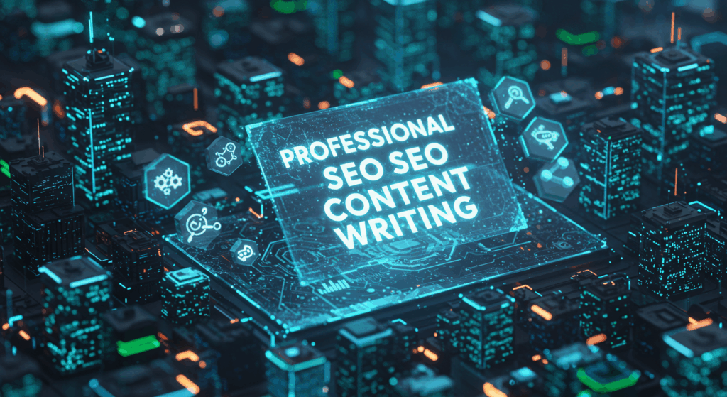 SEO content writing tips displayed in a futuristic cityscape representing online visibility and strategic content creation. TITLE: SEO Content Writing: Mastering Visibility in 2025