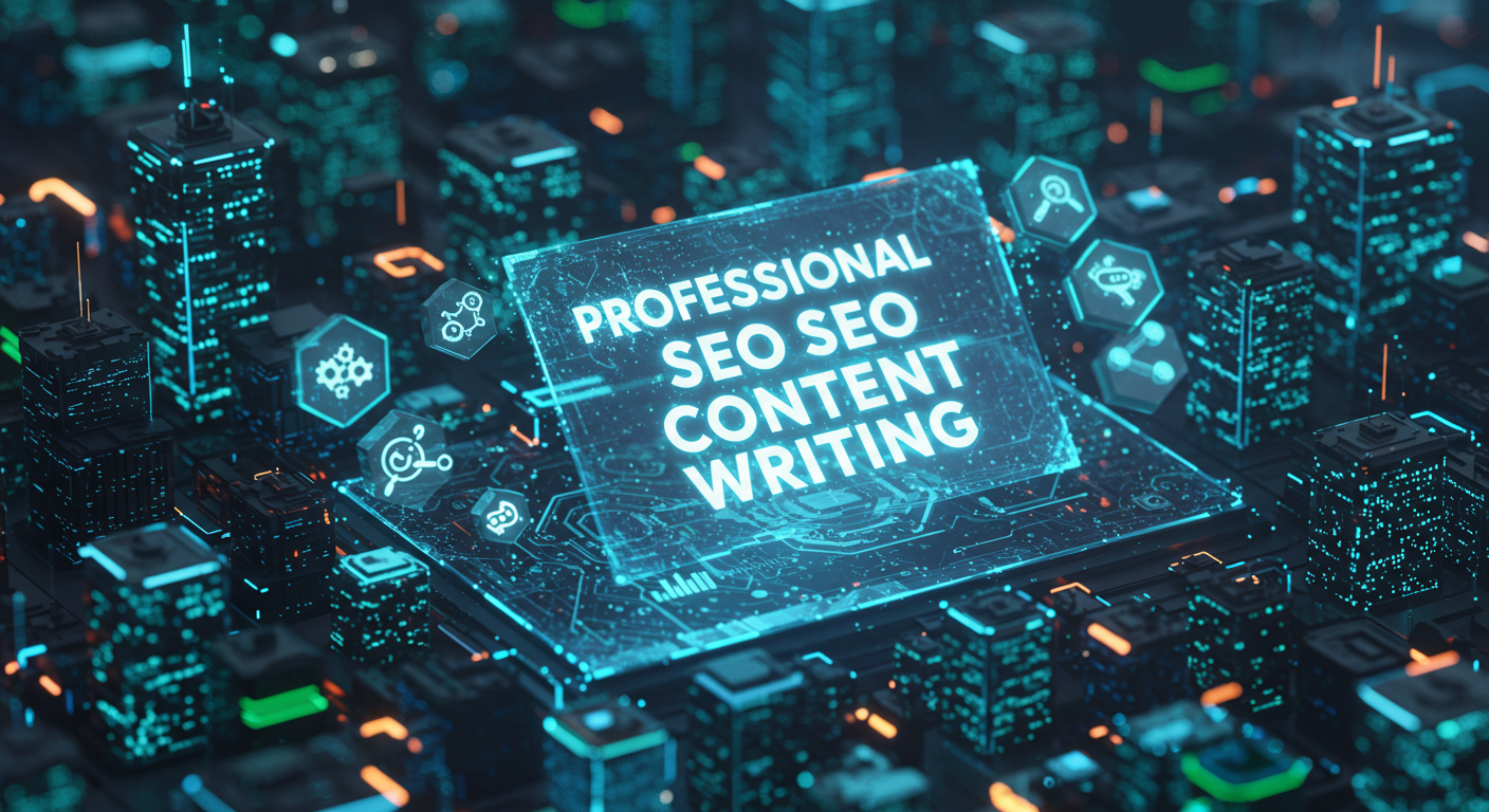 SEO content writing tips displayed in a futuristic cityscape representing online visibility and strategic content creation. TITLE: SEO Content Writing: Mastering Visibility in 2025